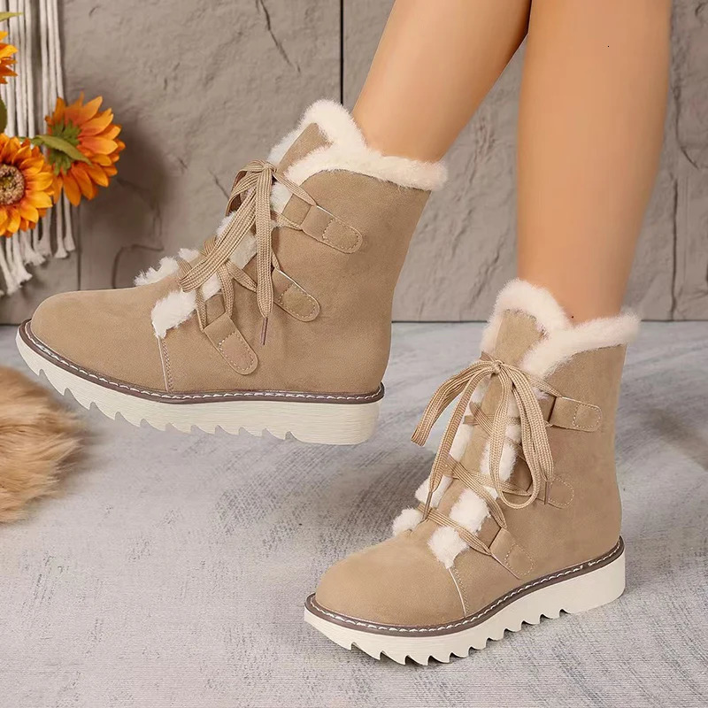 Winter Thicken Plush Ankle Boots Women Lace-Up Non-Slip Keep Warm Snow Boots Woman Faux Fur Flat Heel Warm Cotton-Padded Shoes 241114