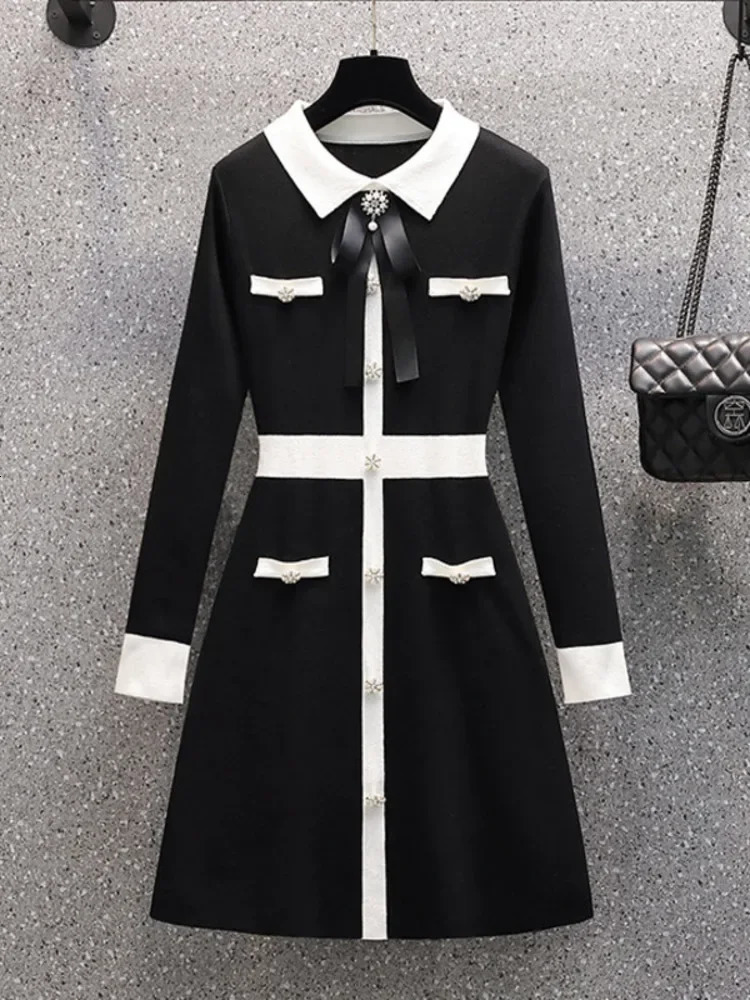 Small perfume autumn winter knitting sweater womens bow button retro party mini dress elegant casual chic gown women 241125