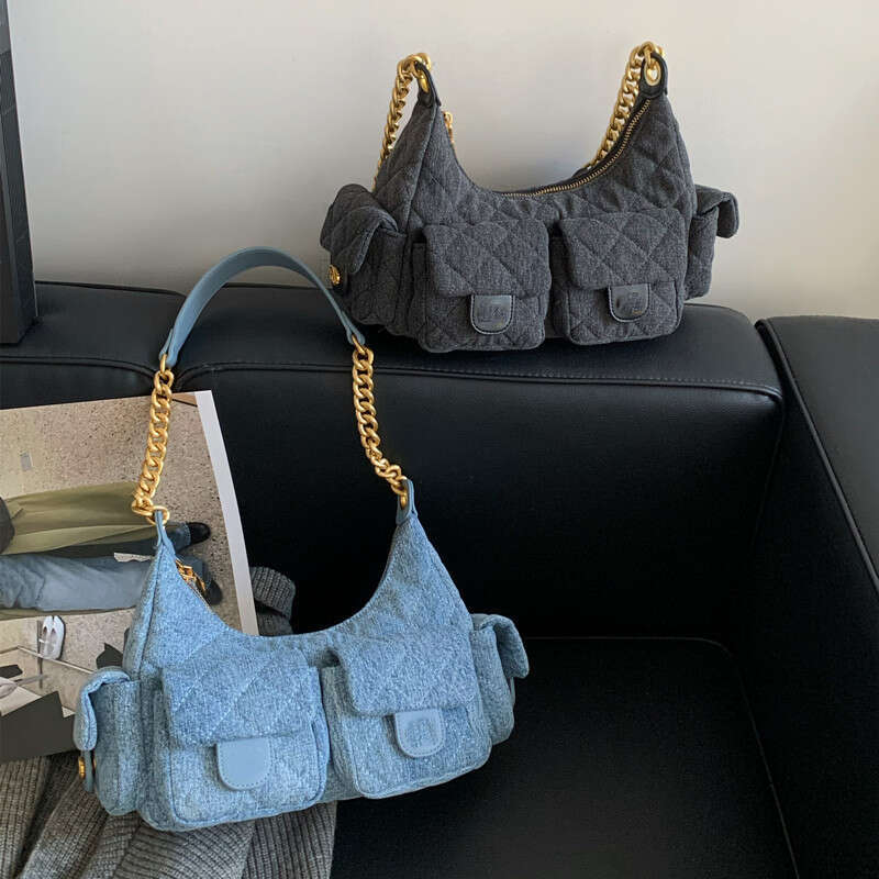 - Leather Handbags Chic Hot Dia Grid Shoulder With Chain Strap, Fashionable Crossbody Hobo Bag, Versatile Underarm Bag - Strap, ,