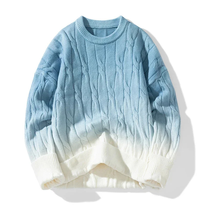Korean gradient knitted loose block twisted knitted pull-out round neck sweater for autumn and winter warm couple top 241126