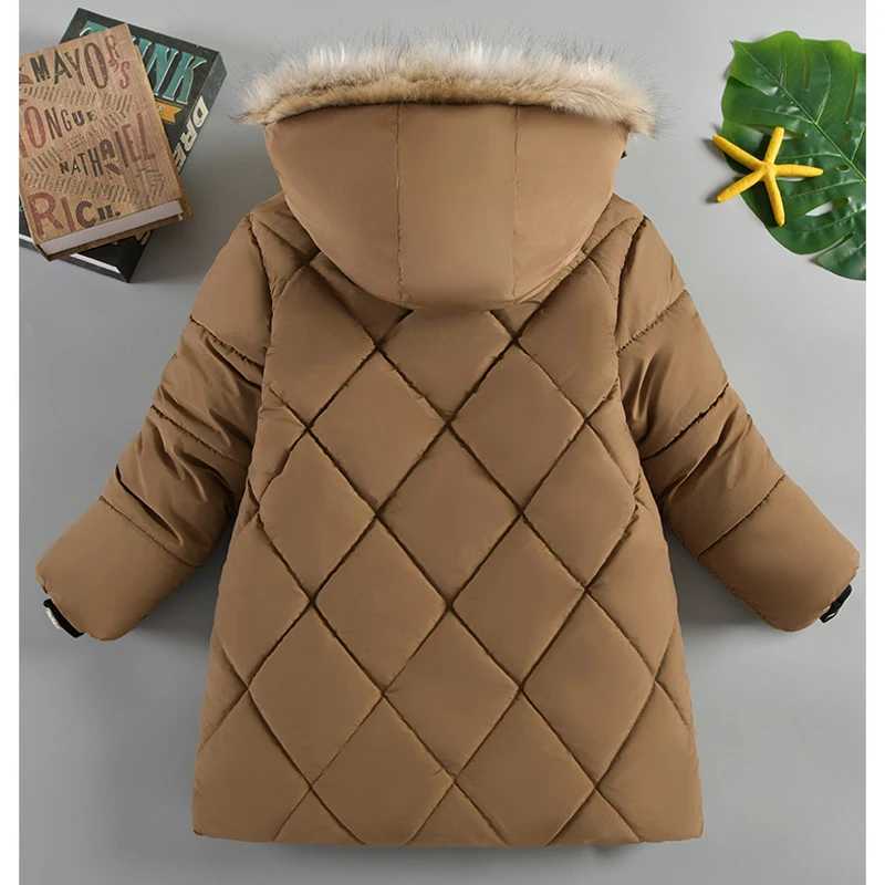 Down Coat 2024 Winter New Boys Jacket Solid Color Lining Plush Keep Warm Fur Collar Hooded Zipper Outerwear For 4-10Y Teen Kids Snowsuit H241123E0R8