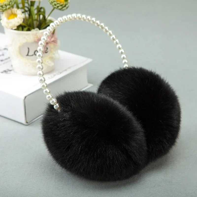 Womens winter fluffy plush earmuffs imitating pearl bead headband thick ear warmers princess childrens party style earmuffs W241126