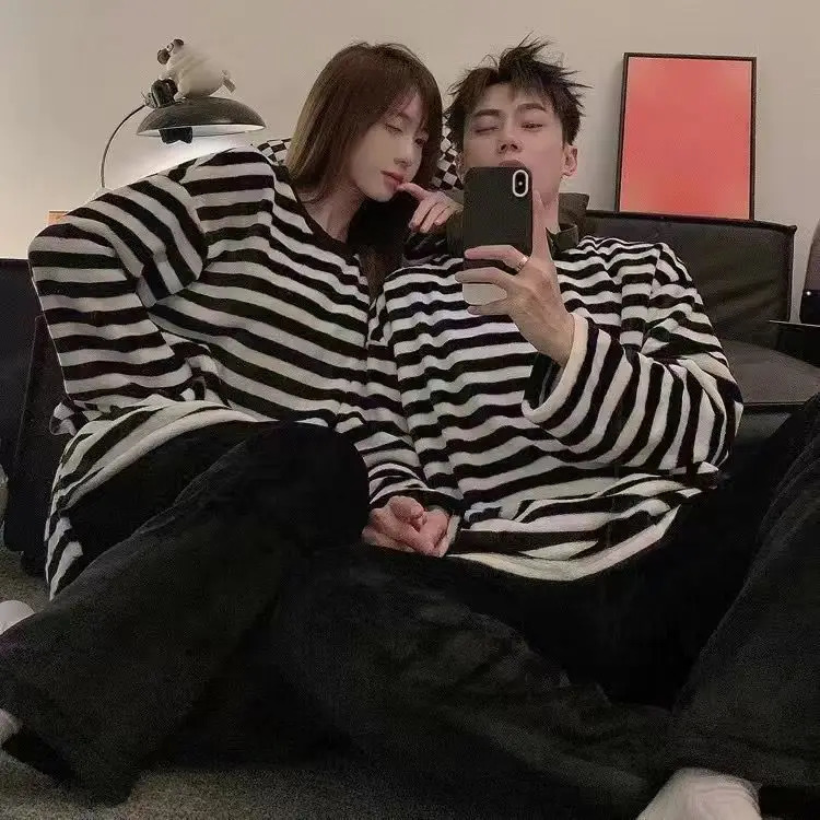 Coral Fleece couple pajamas suitable for winter women thick and warm simple stripes Korean version flannel home wear 2-piece set 241126