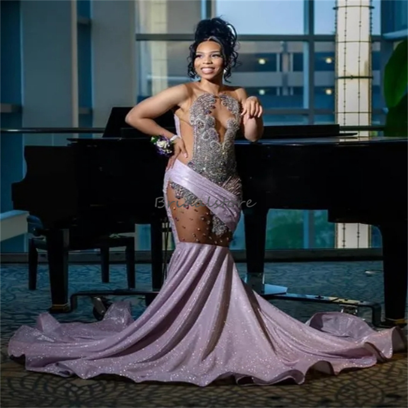 Stunning Pink Baddies Prom Dresses For Black Girl 2024 Luxury Diamond Gillter Illusion Birthday Party Gowns Elegant Formal Ceremony Sixteen Vestios De