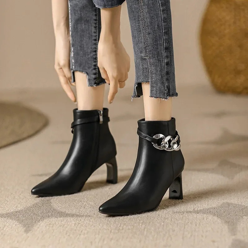 Niche comfortable soft leather side zipper pointed thin heel 2025 autumnwinter high-heeled womens ankle boots 241126