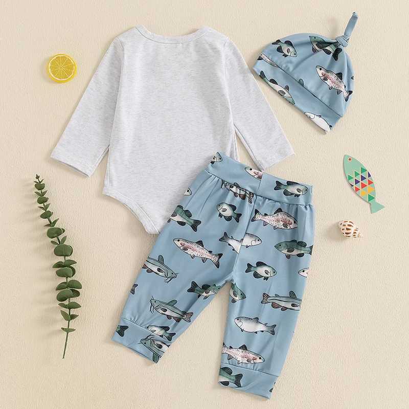 Clothing Sets Infant Boys 3-Piece Autumn Ensemble with Long-Sleeve Bodysuit Fish Patterned Trousers and Matching Beanie - Newborn Apparel H241126
