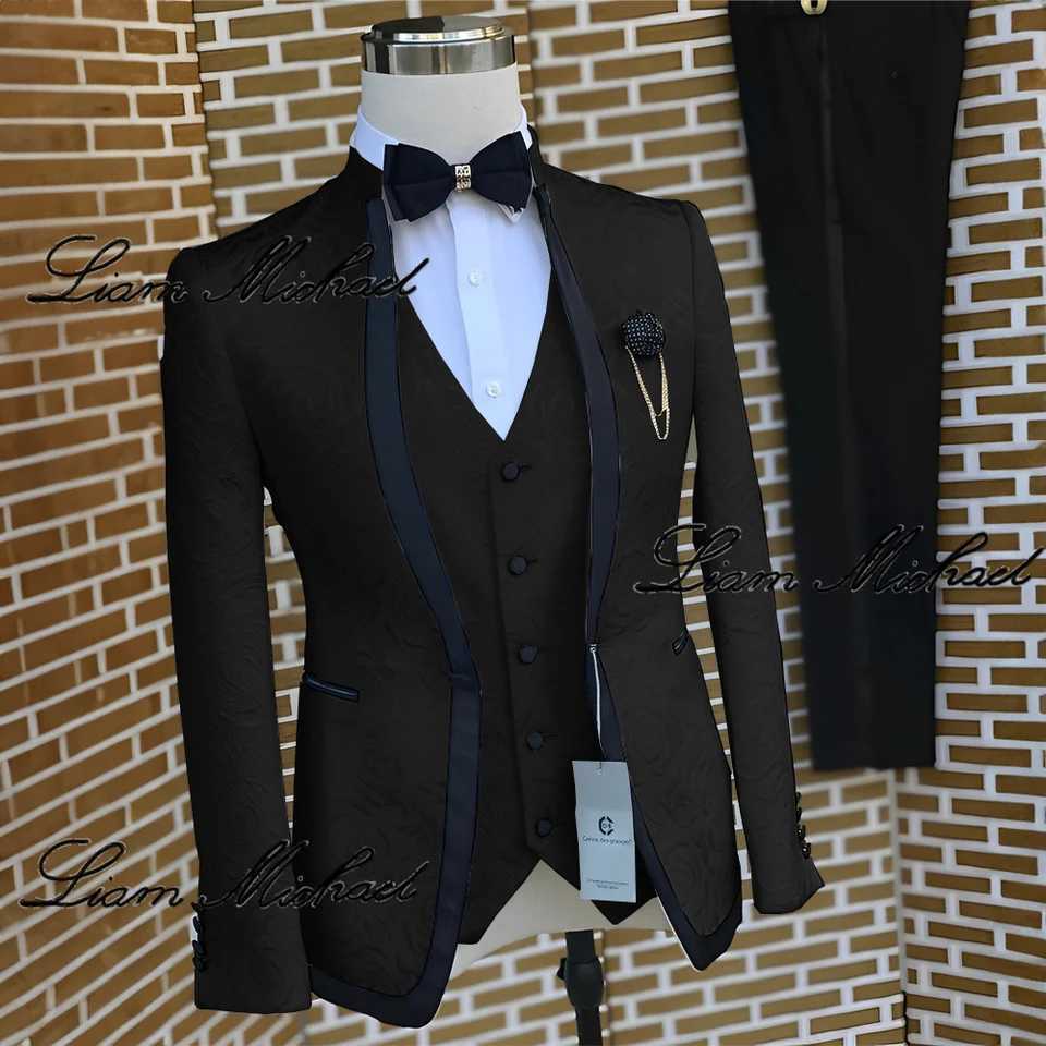 Elegant mens wedding groom evening gown three piece white jacquard jacket vest pants formal party gown customization X241126
