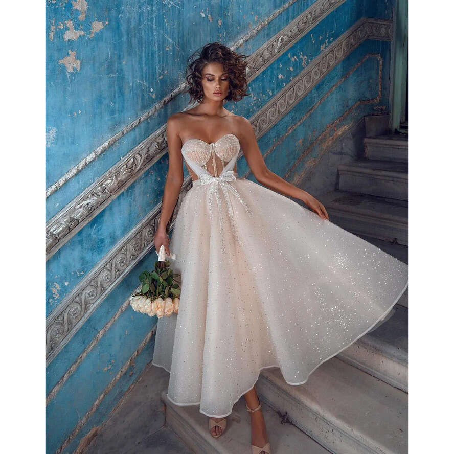 Romantic Lace Tea Length Dresses Summer Sparkg Sweetheart Tulle Beaded Bow Tie Beach Garden Wedding Dress Pregnant Bridal Gowns Bc10190
