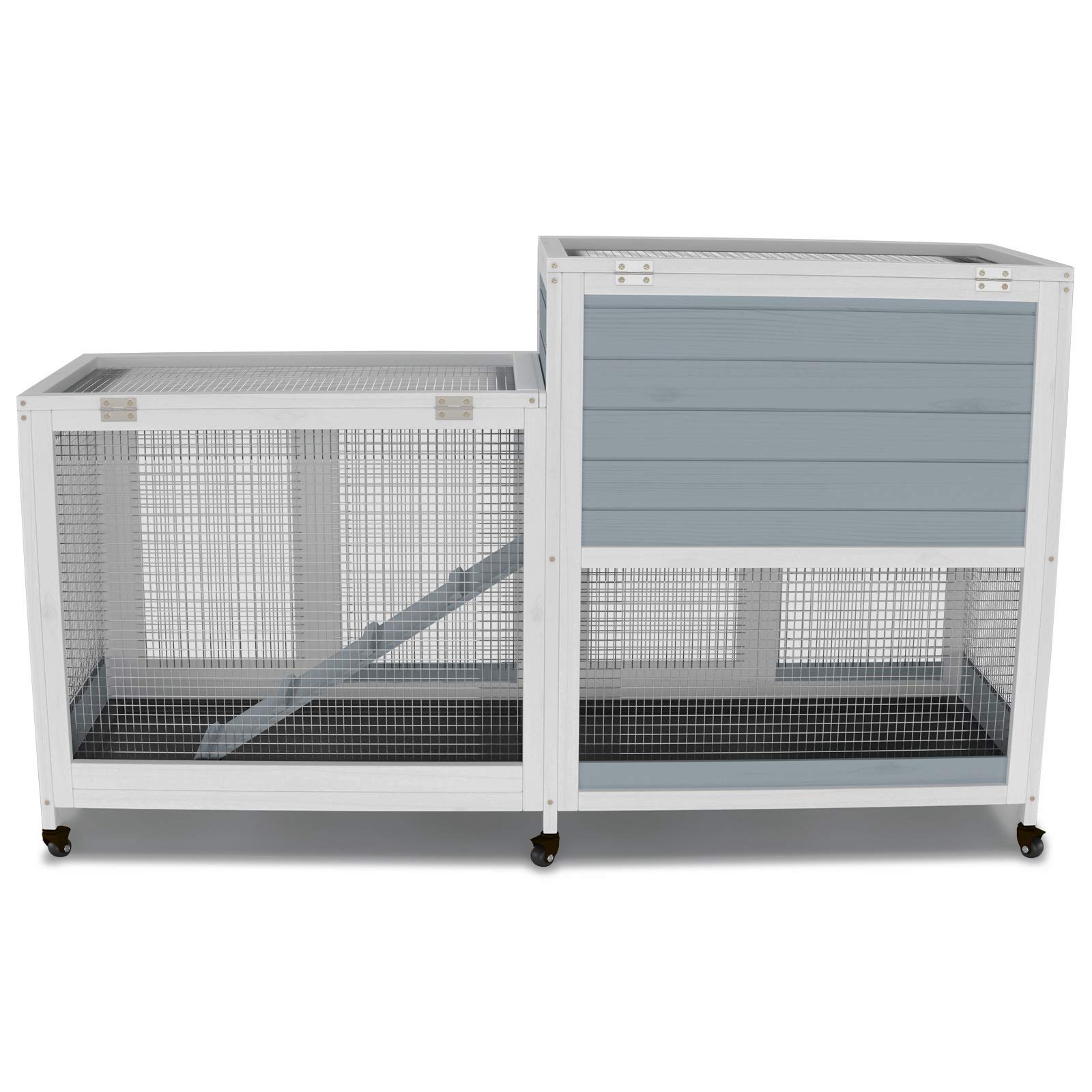 Wooden Indoor Bunny Hutch Rabbit Cage on Wheels Guinea Pig PET House for Small to Medium Animals Waterproof No Leak Tray