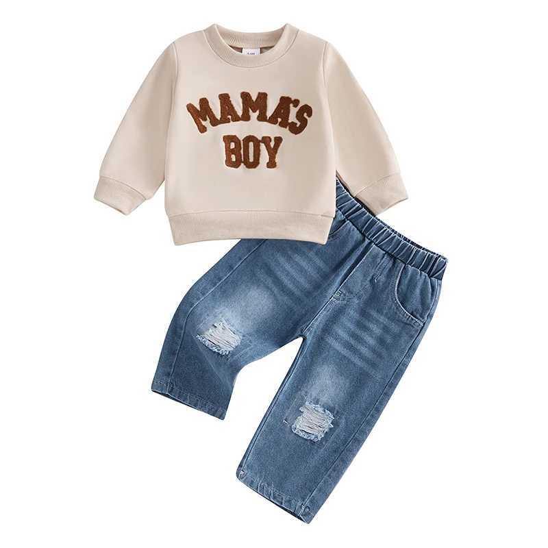 Clothing Sets Toddler Boy Autumn Outfit Set with Letter Embroidery Sweatshirt and Distressed Jeans - Long Sleeve Pullover and Pants for Baby H241126