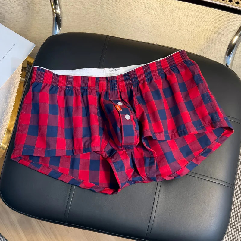 2 pieces/batch of summer mens loose underwear mens pure cotton breathable Aro pants casual trend plaid home boxing shorts 241126