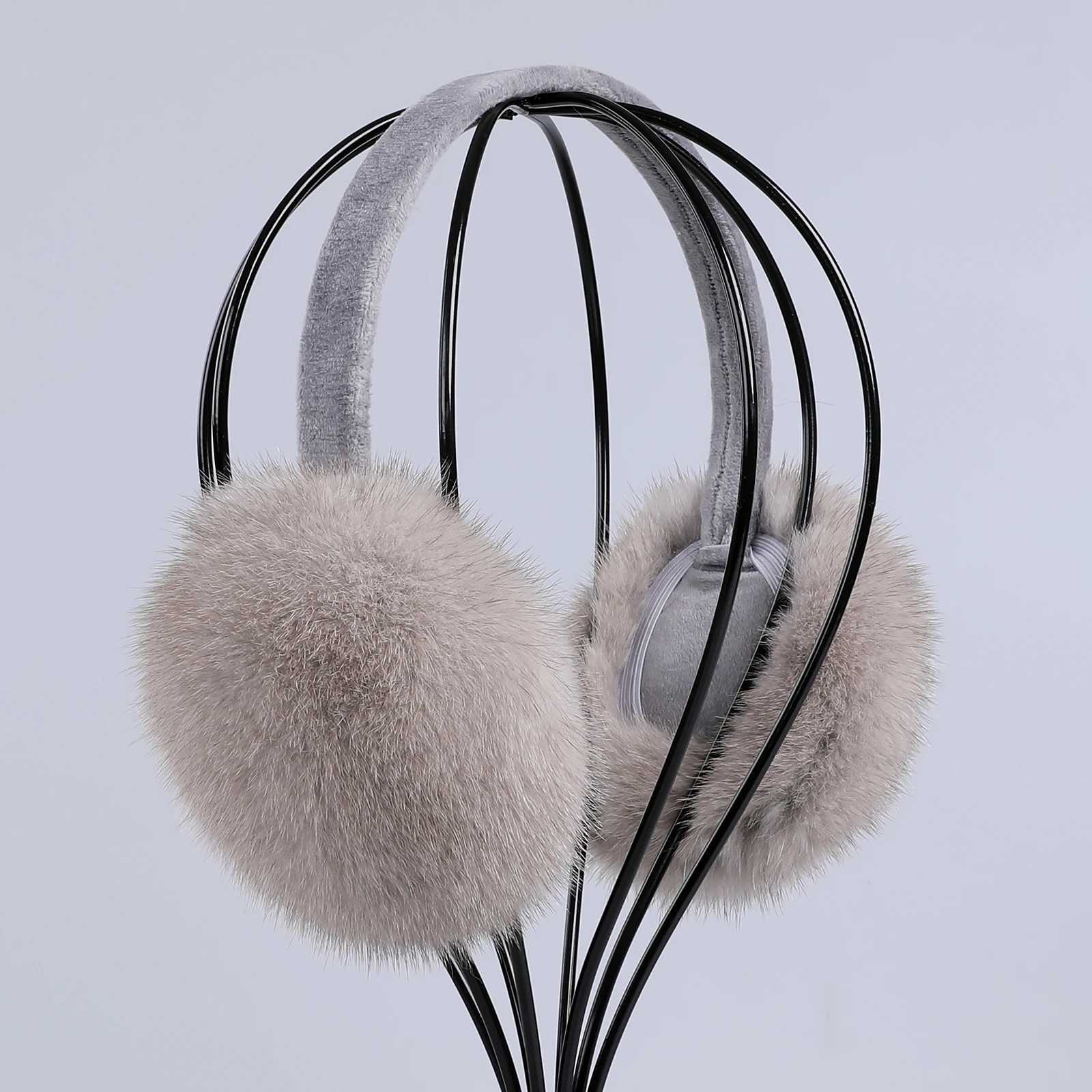 Luxury winter fashion unisex leather mink earmuffs with velvet straps womens foldable earmuffs ear warmers genuine fur earmuffs W241126