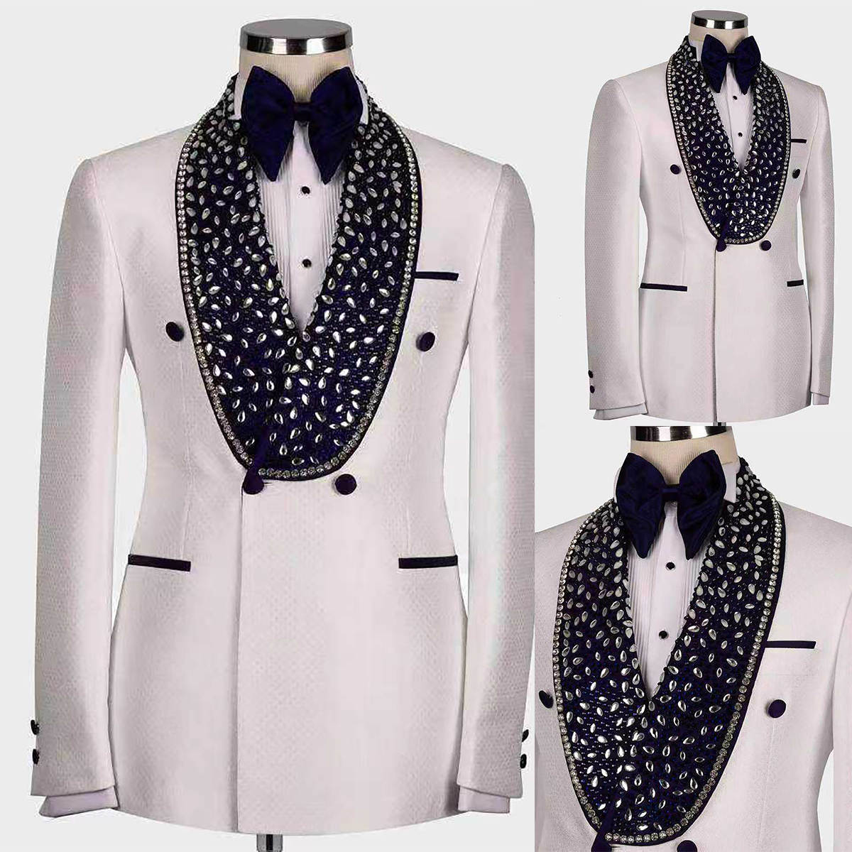 Exquisite Men Suits Rhinestone Beaded One Piece Set Coat Shawl Lapel Wedding Tuxedos Double Breasted Business Formal Wedding Suit For Groom Custom Made
