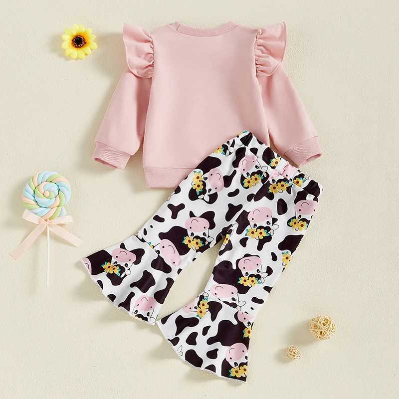 Clothing Sets 1-4Years Kids Baby Girl Cow Outfits Lovely Letter Print Ruffle Long Sleeve Sweatshirt and Cow Print Flare Pants 2 Pcs Sets H241126