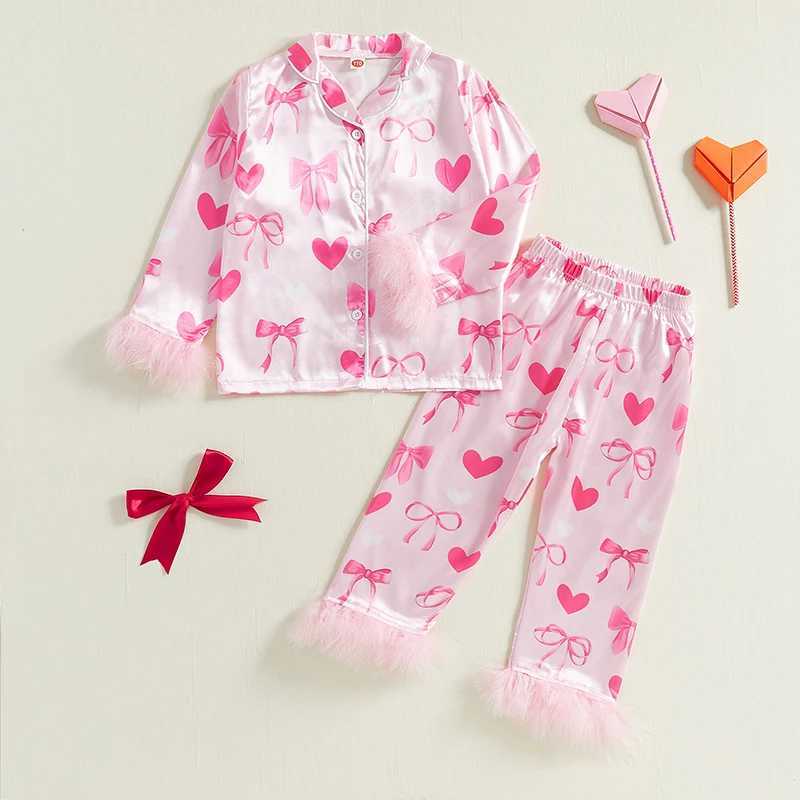 Clothing Sets Kids Baby Girl Pajama Sets Valentines Day Loungewear Set Heart Bow Print Plush Trim Lapel Neck Button-up Tops+Pants Sleepwear H241126