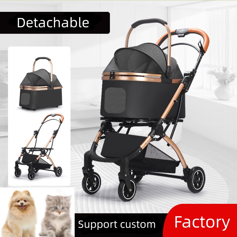 Customized Luxury 4 Wheels Pet Aluminium Stroller Dog Detach Stroller With Storage Basket Foldable Lightweight Carrier Trolley