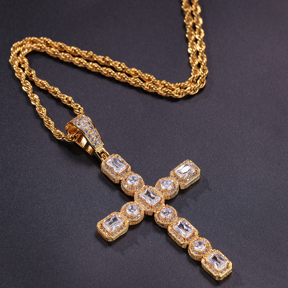 Hip Hop High Quality Big Cross Pendant Necklace 5A Round Big Zircon Rap DJ Mens Religious Jewelry