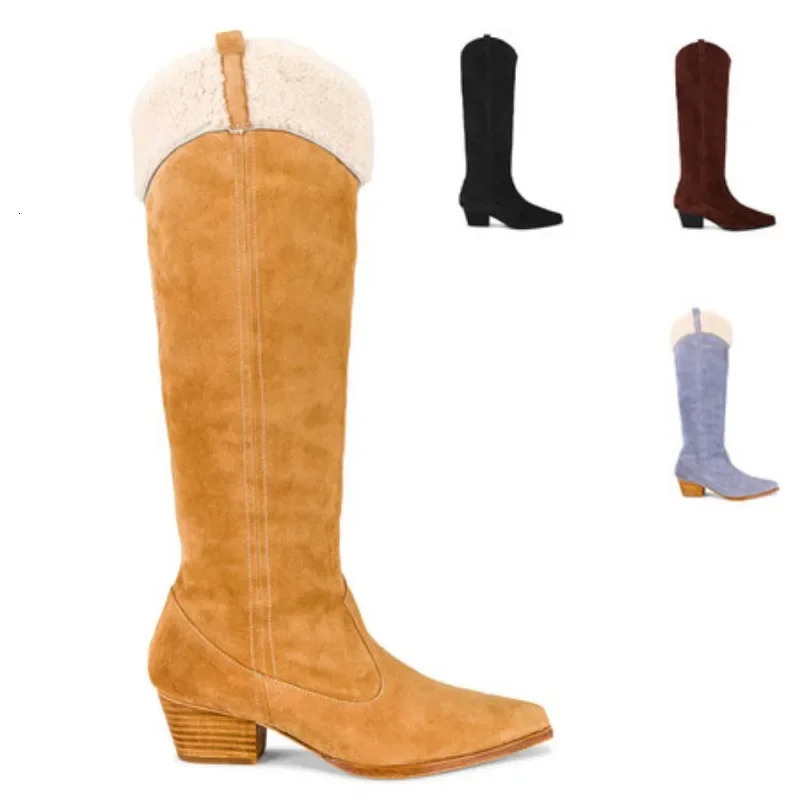 European and American style womens suede Western style cowboy boots corner splicing sleeves thick high heels knee high boots 241126