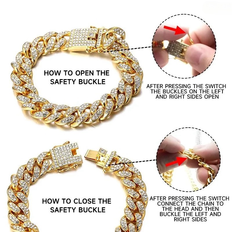 Designer dog collar cat chain collar with diamond luxury metal material 1.25cm width rap hip hop cuban chain pet jewelry supplies