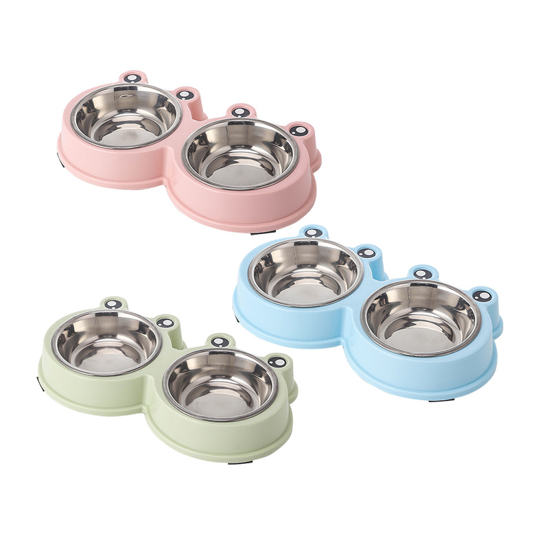 Hot Sell Plastic Frog Design stainless steel bowl pet Feeder stainless steel pet water bowl Double pet bowl stand