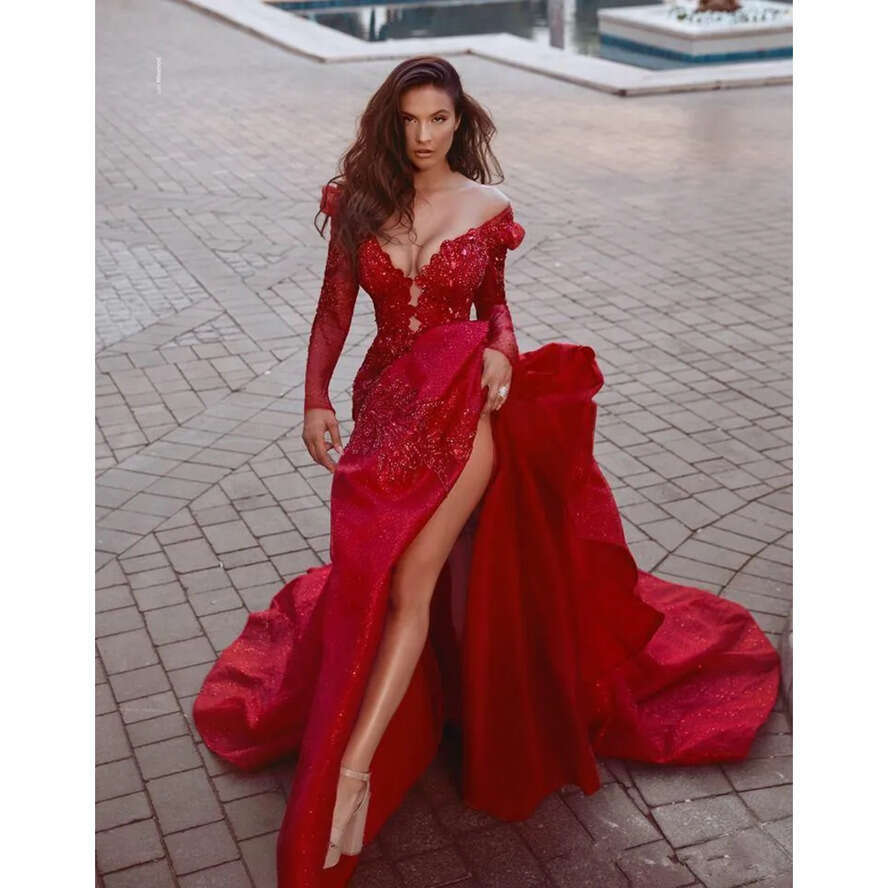 Mermaid Prom Red High Side Split Evening Dress Sexy Long Sleeve Open Back Off Shoulder Appliqued Formal Party Gowns