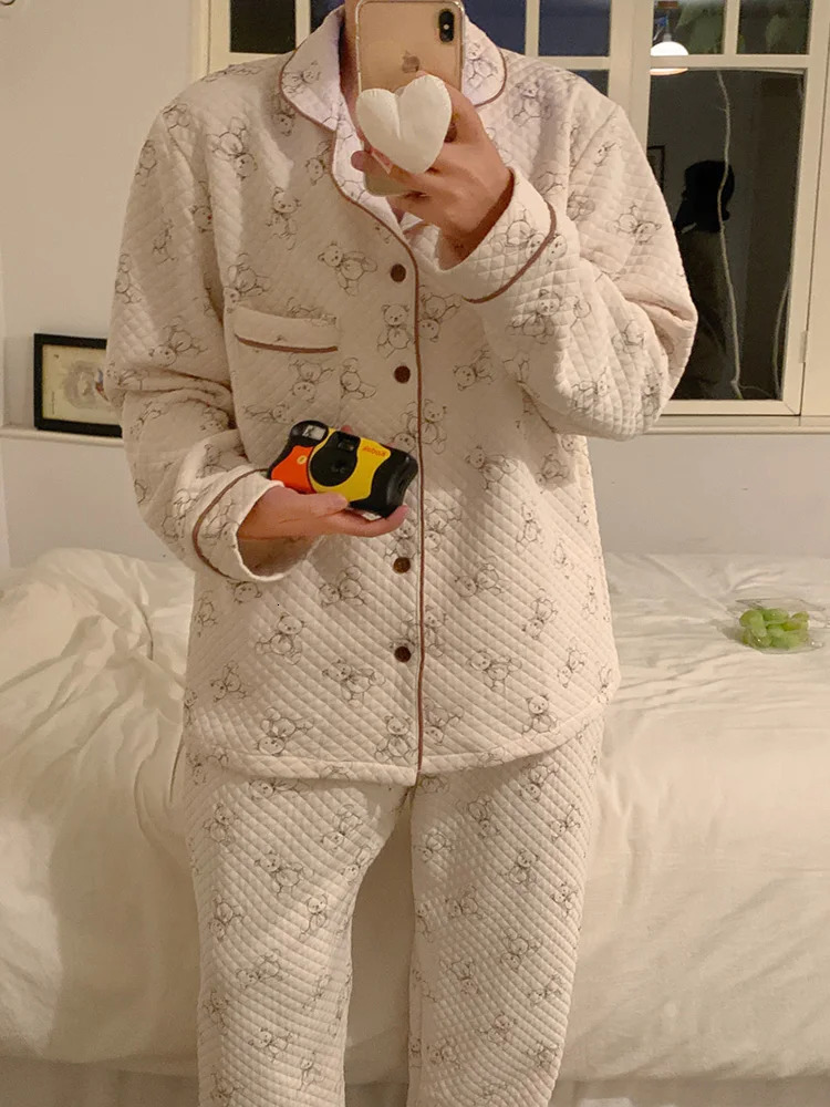 Bear print cartoon home winter thick lover long sleeved pajamas set for womens sweet Korean cotton couple Kawai casual pajamas 241125