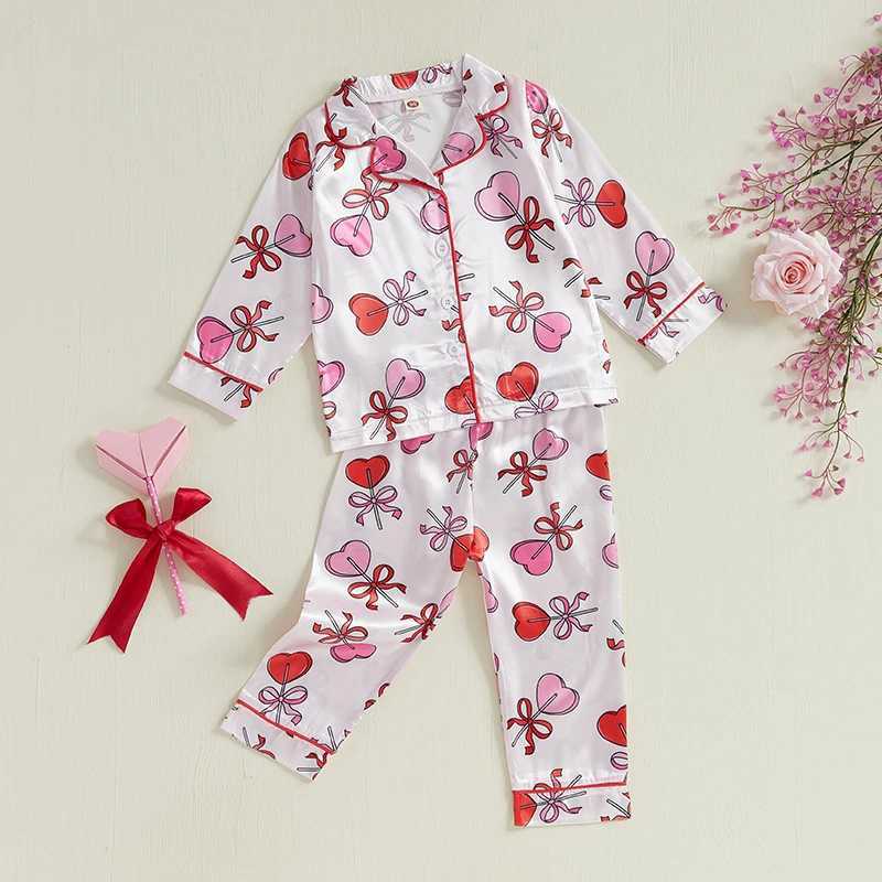 Clothing Sets Kids Girls Valentines Day Printed Pajamas Set Sweet Heart Print Long Sleeve Tops and Elastic Band Pants 2Piece Child Loungewear H241126