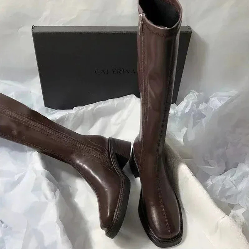Female Shoes on Sale High Quality Side Zip Womens Boots Autumn Winter Square Toe Solid High Tube Block Heels Fashion Boots 241114
