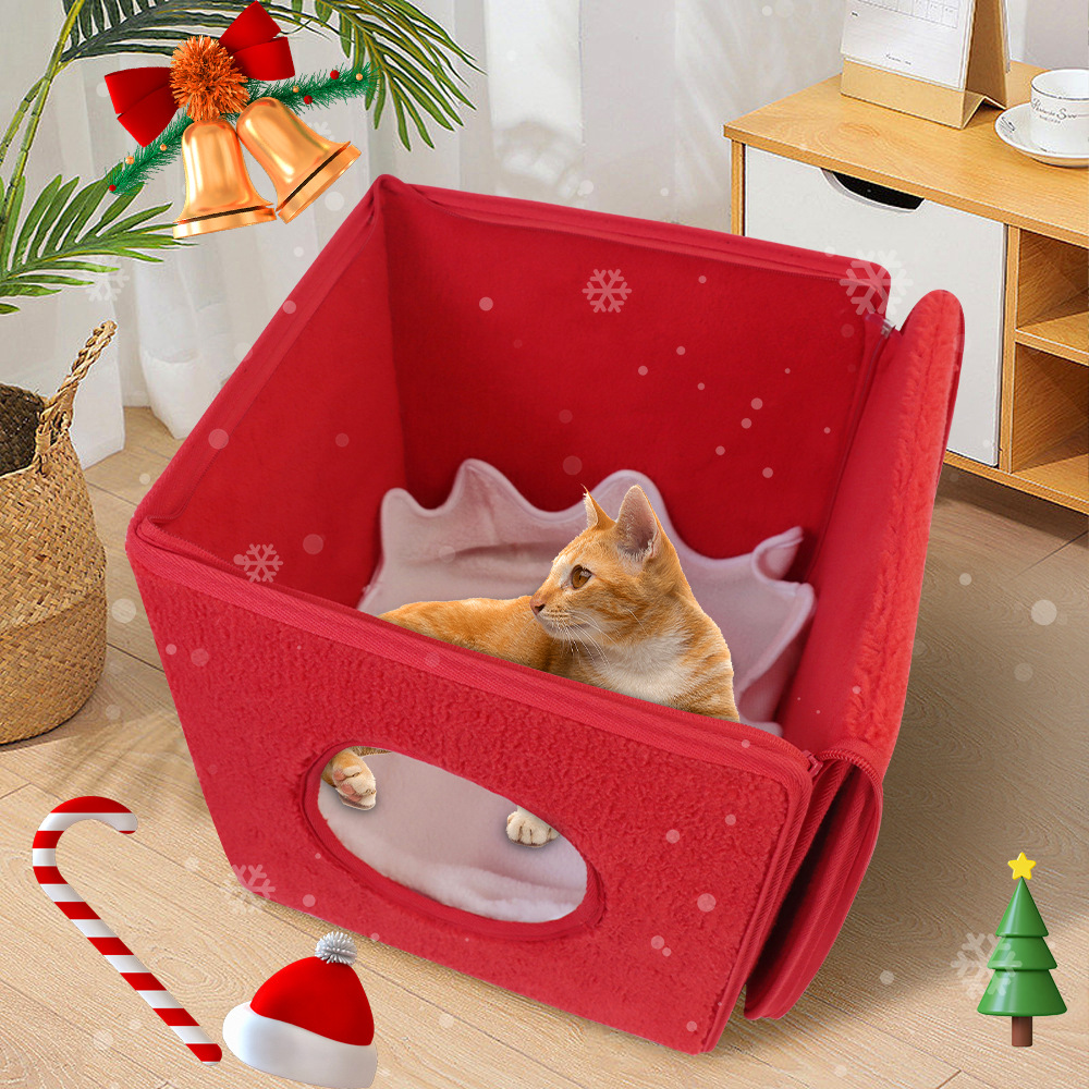 Christmas Gift Box Foldable Warm Indoor Cat Bed House