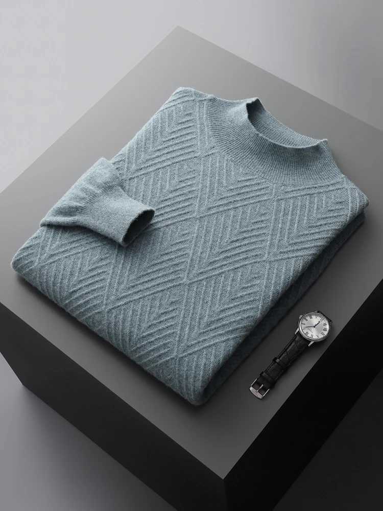 Mens 100% pure wool knitted sweater with loose collar and floral long sleeved casual top warm bottom shirt for Spring Festival autumn and winter X2411