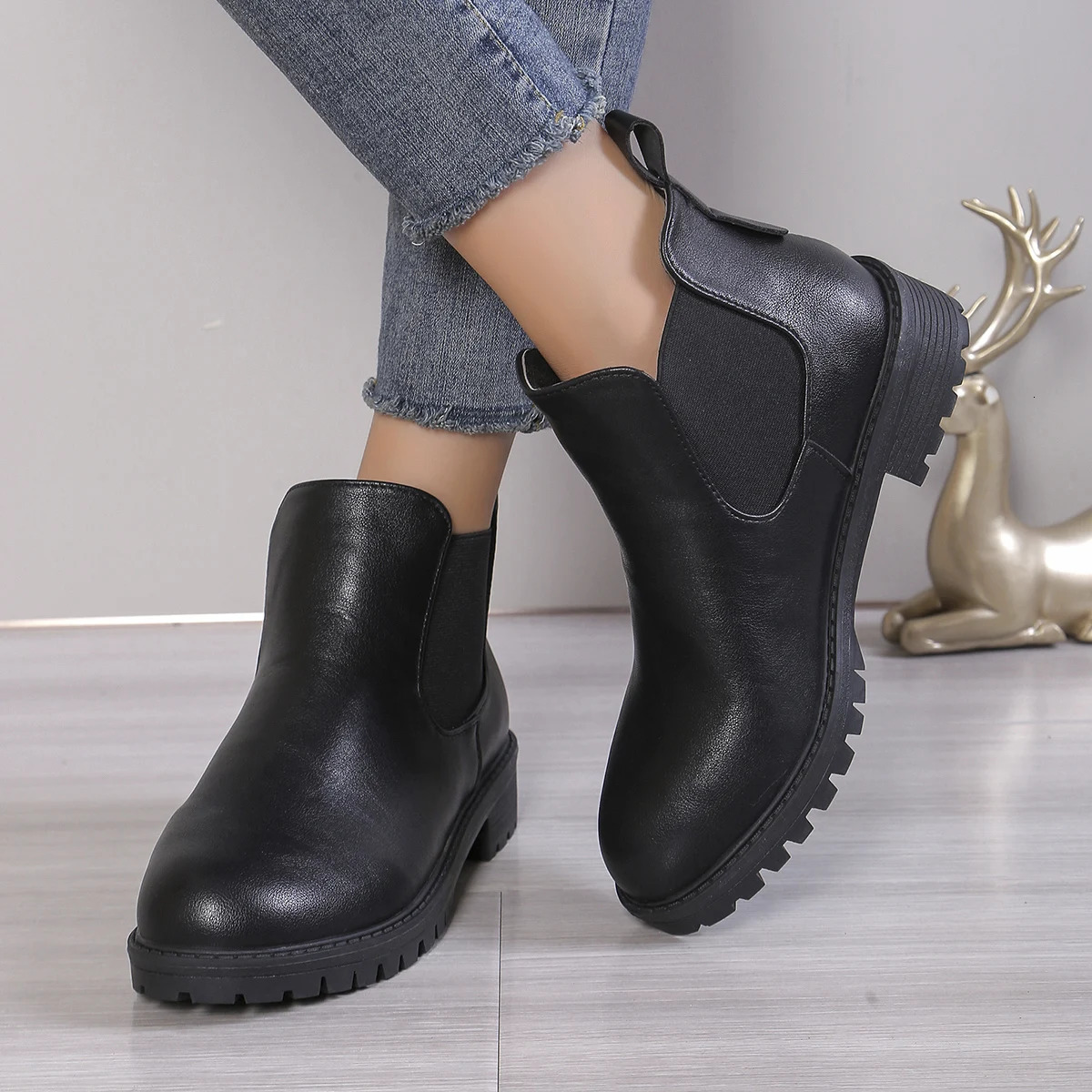 Womens Casual Chelsea Ankle Boots Round Toes Black PU Leather Short Boots Womens Comfortable Low Boots Slippery in Botas De Mujer 2024 241126