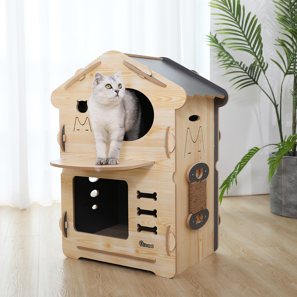 OEM Custom Hoopet Wooden Pet Furniture Assemble Cat Tree Cave Lounge House