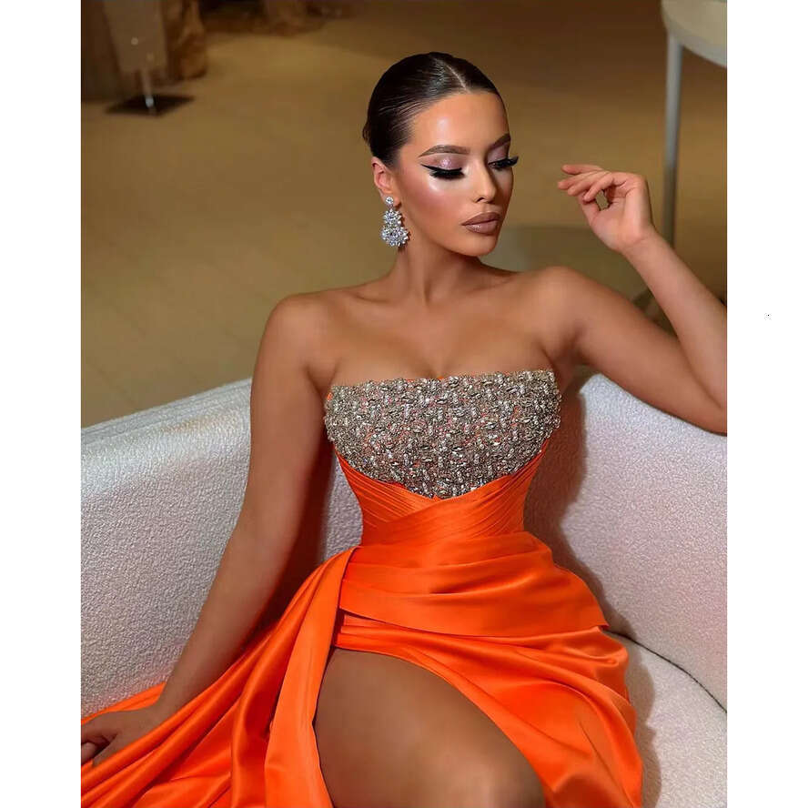 Evening Orange Beaded Strapless Stain Pleat Side Split Sleeveless Prom Dress Vestidos De Gala 0227Lz