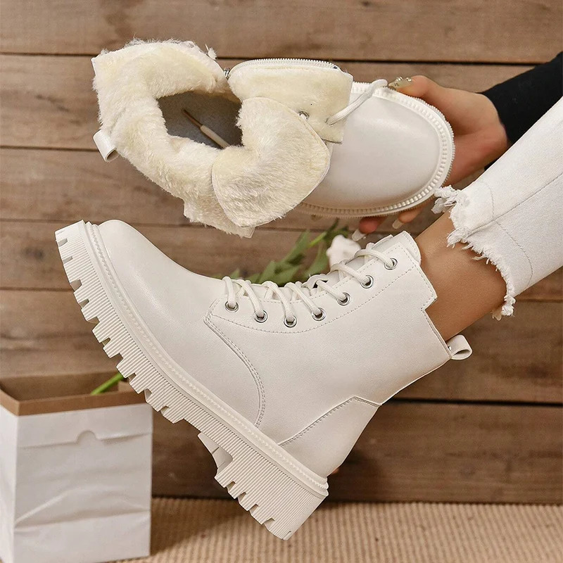 Thick Warm Long Plush Ankle Boots for Women Winter 2024 Lace Up Pu Leather Motorcycle Boots Woman Plus Size Short Booties Shoes 241126
