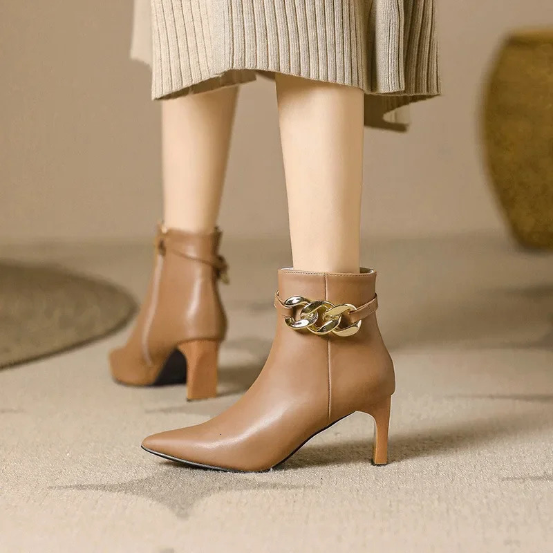 Niche comfortable soft leather side zipper pointed thin heel 2025 autumnwinter high-heeled womens ankle boots 241126
