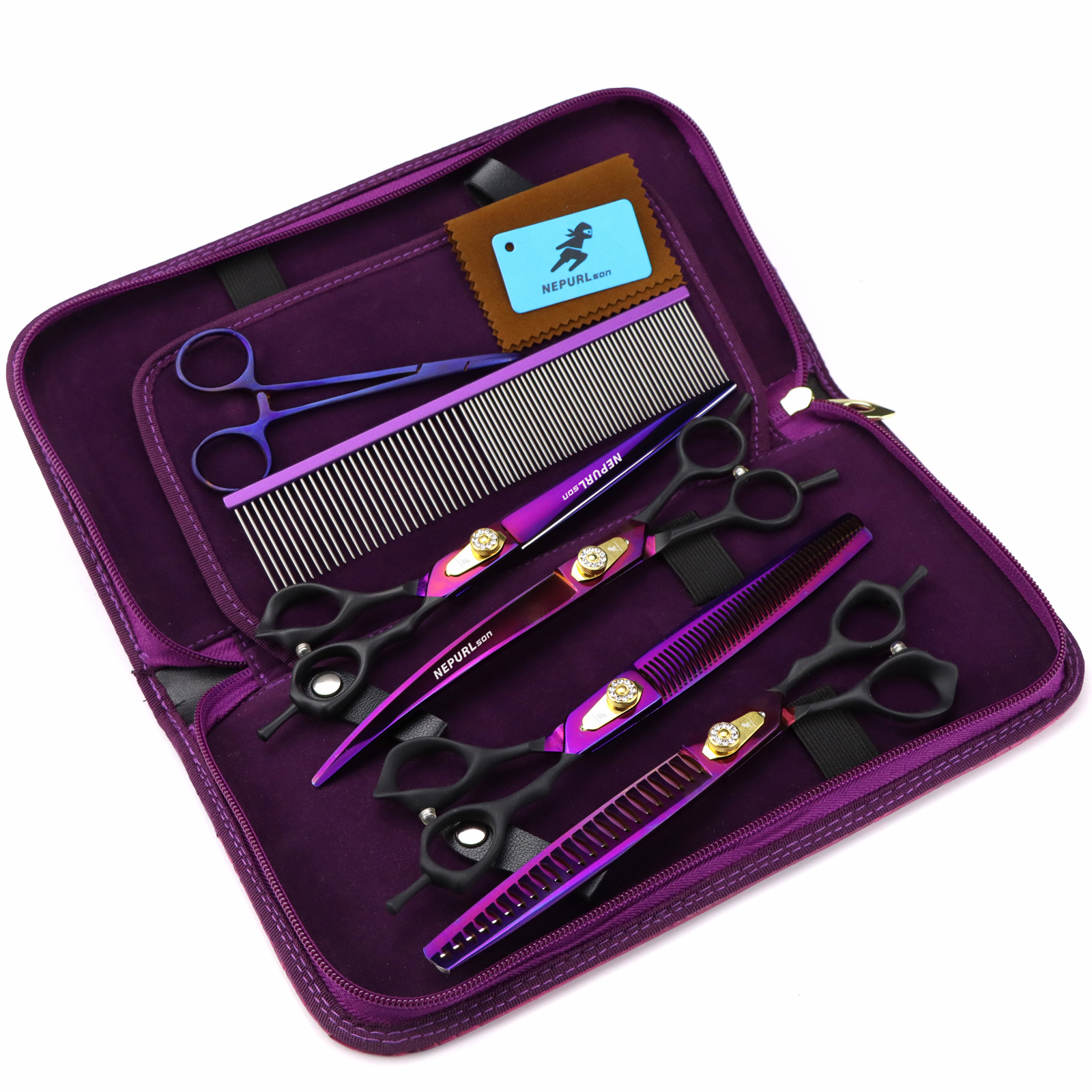 8.0 Inch NEPURLson Scissors WGB 01 Grooming Pet Fishbone Teeth 4 Scissors Set Handle Veterinary Animal color Black Straight