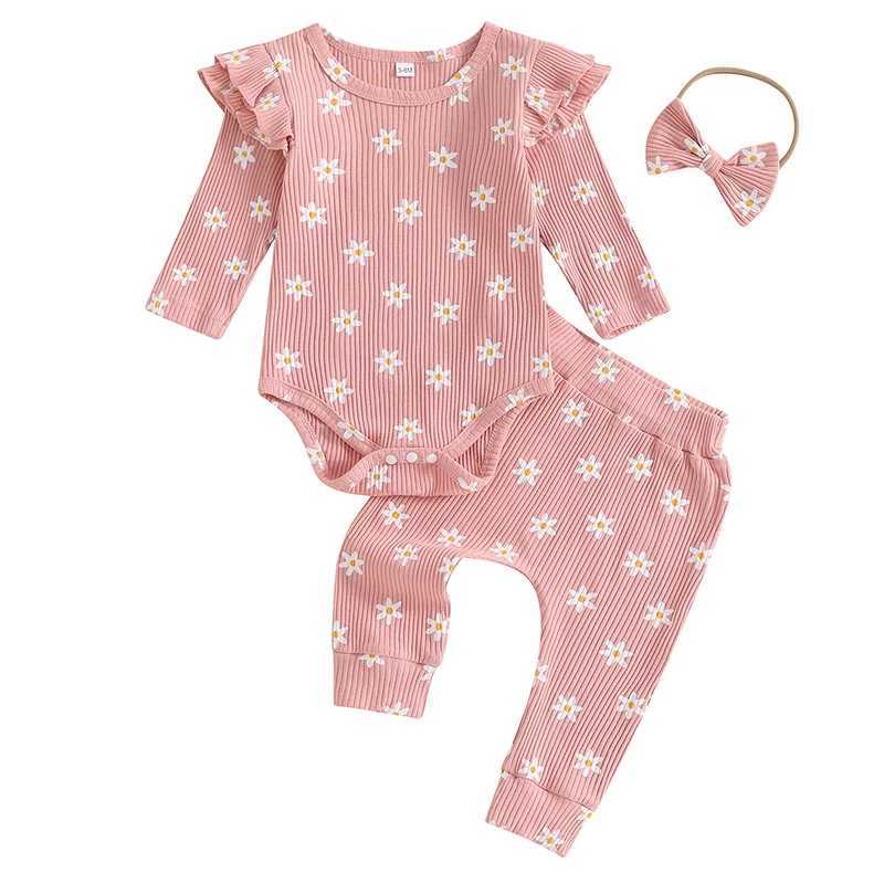 Clothing Sets Toddler Girls Striped Dress with Matching Leggings and Bow Headband Set Long Sleeve Floral Print Outfit for Baby Girl H241126