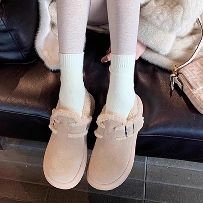white woman snow fur designer metal chains lambwool moccasins flats platform cotton shoes for women plush loafers