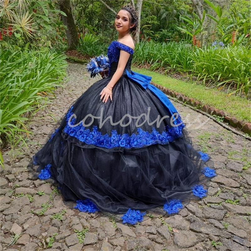 Charro Mexican Black Quinceanera Dresses Off Shoulders Blue Lace Xv Bow Vestidos De 15 Quinceanera Sweet 16 Party Corset Birthday Formal Occasion Dres