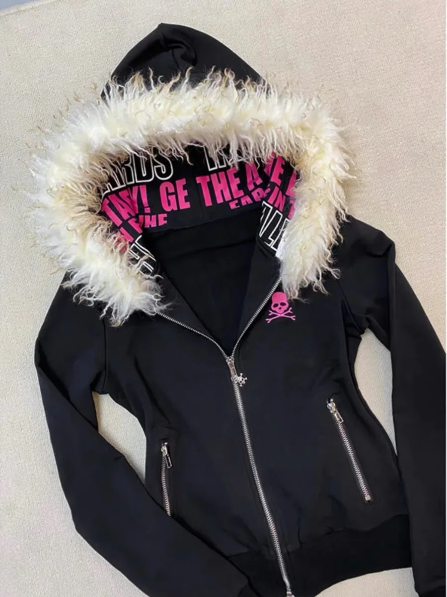 Y2K Hip Hop Harajuku Solid Color Zipper Fur Collar Jacket American Skull Print High Street Casual Slim Warm Long Sleeve 241125