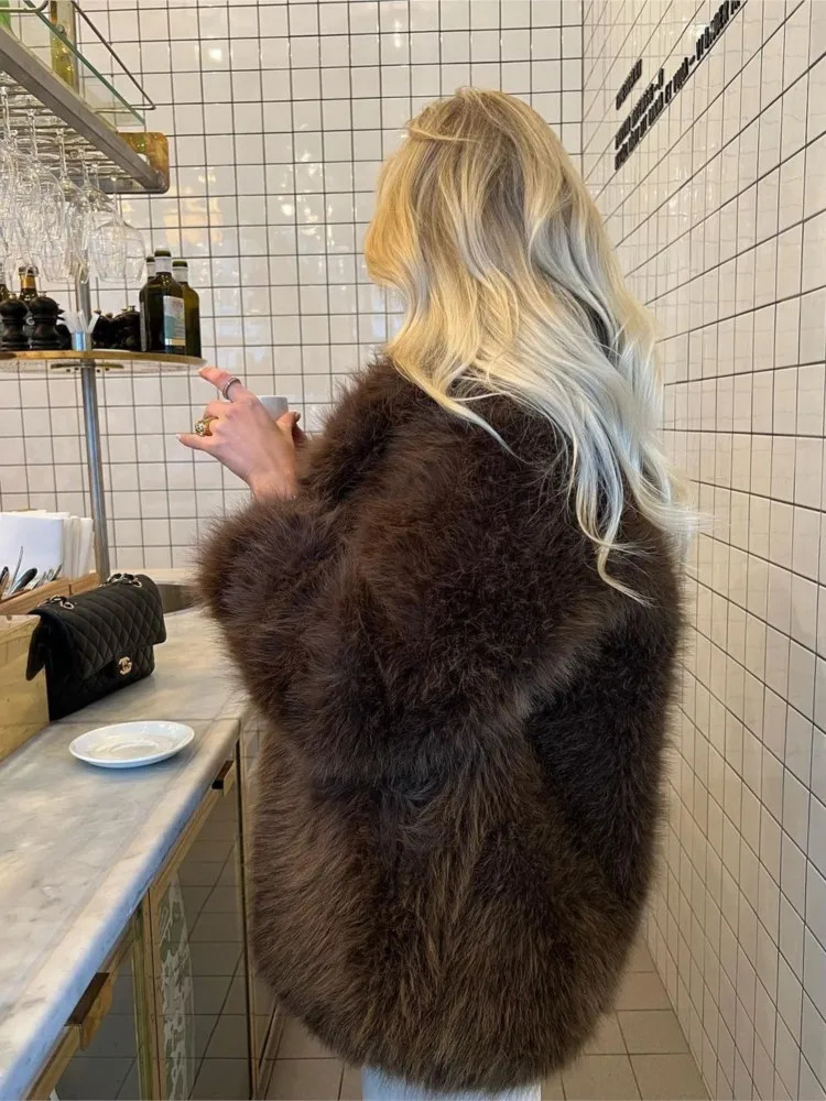 Brown faux fur coat winter thick warm suit collar coat loose fitting womens elegant womens socialized womens plush coat 241126