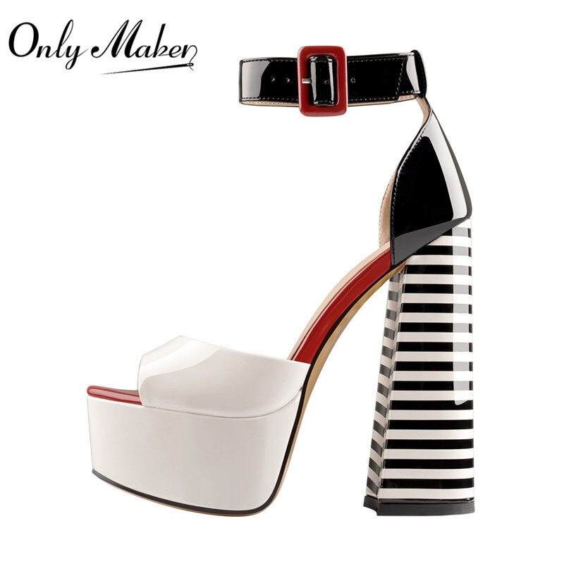 Onlymaker Women Platform Peep Toe Chunky Square Heels Ankle Strap Sandals Black And White Stripes Party Fashion Shoes