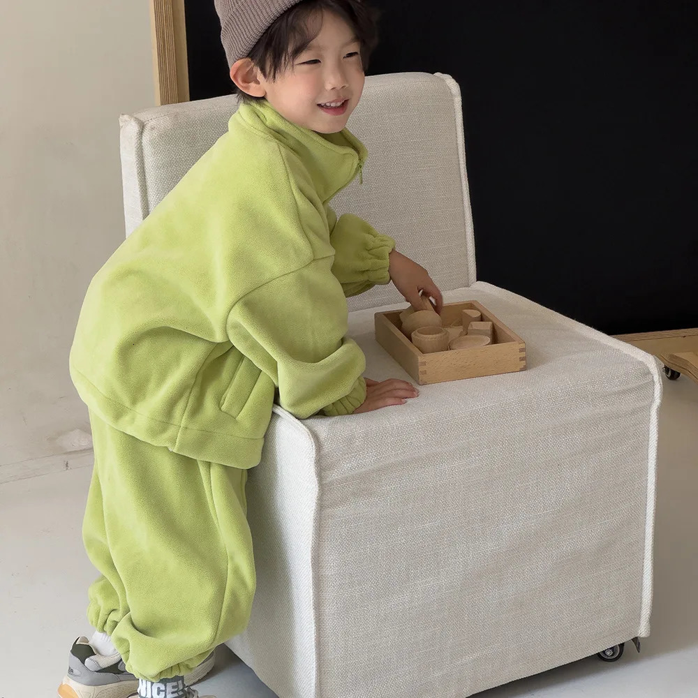 Autumn Winter Children Boys 2PCS Clothes Set Fleece Warm Zipper Coat Solid Velvet Jogger Pants Suit Kids Boys Outfits 241126