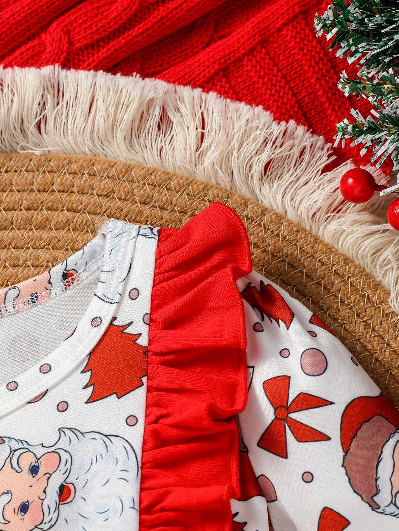 Clothing Sets 2Pcs Baby Girls Long Sleeve Print Santa Claus With Bow Top+ Solid Red Trousers Set For Christmas Outdoor Wear H241126