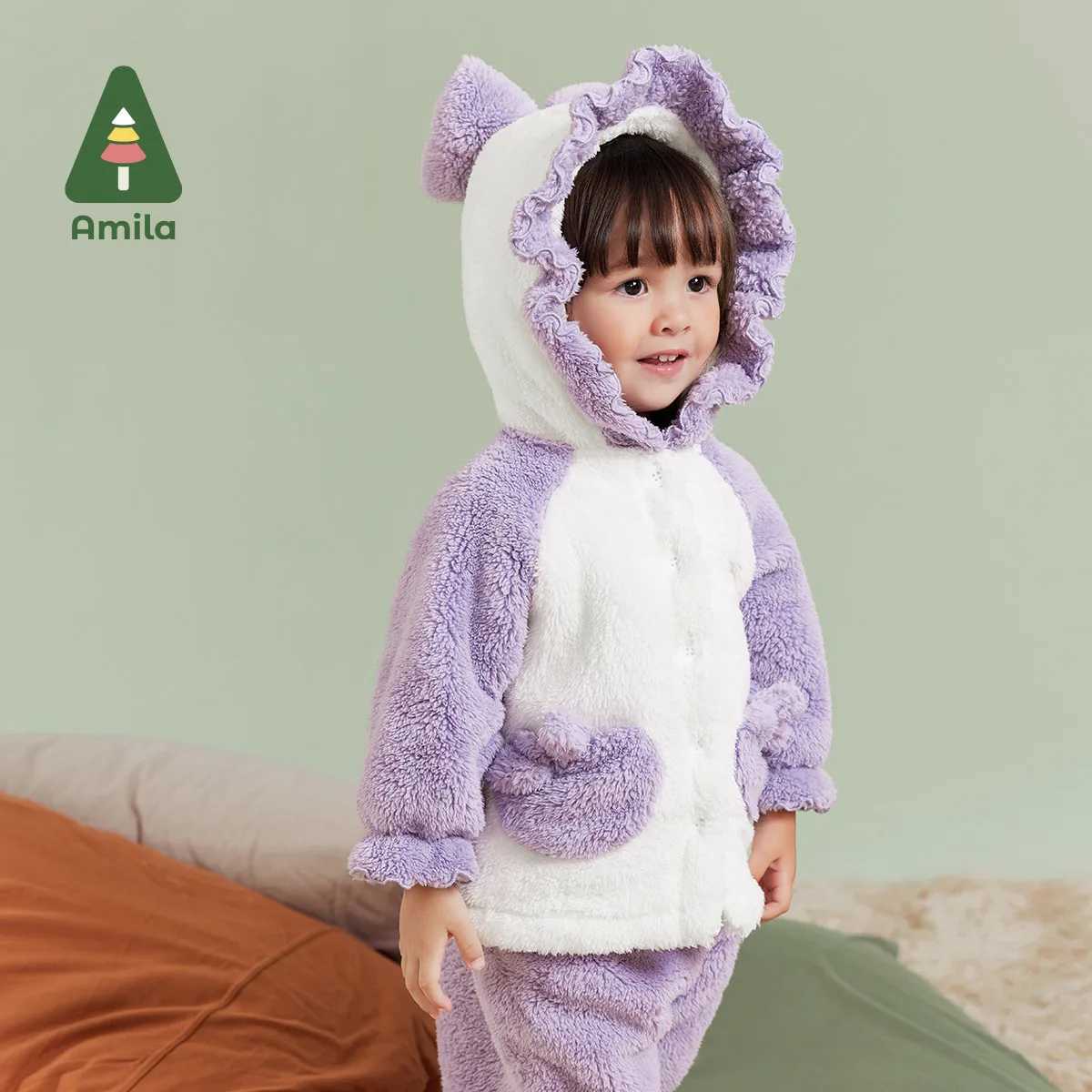 Clothing Sets Amila Baby Girl Loungewear Set 2024 Winter New Multicolour Hooded Soft Cute Warm Kids Sleepwear Sets Baby Clothing H241126