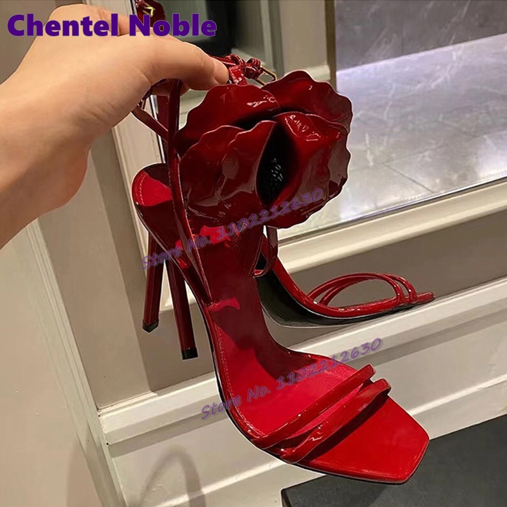 Red Wer Sandals Square Toe Thin High Heels Patent Leather Stilettos Summer Fashion Elegant Women Shoes Party Wedding