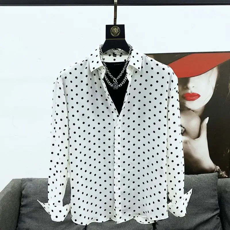 Mens polka dot print lapel long sleeved casual button down business shirt for streetwear handsome Camisas top A158 241125