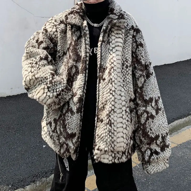 Cotton clothing mens fashion imitates fur snake pattern quilted jacket cashmere coat street style retro loose couple style 241126