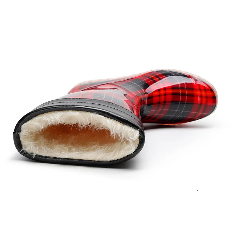 Comemore Warm Rain Shoes Womens Striped Fashion Water Shoes Plush Rubber High Rain Boots Womens Winter Galoshes Red Free Delivery 241126