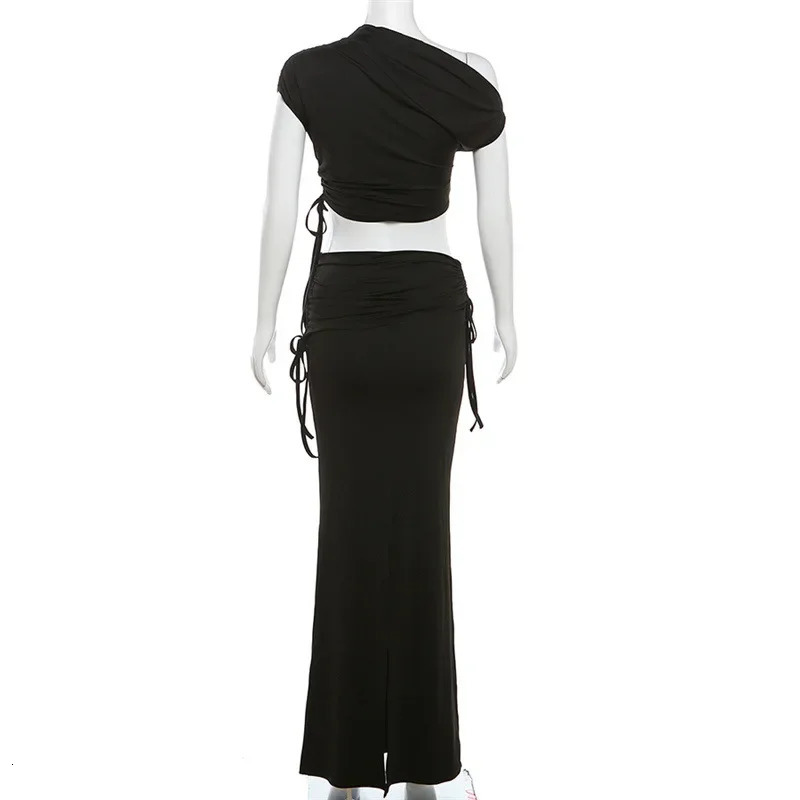 Summer Bandage Bodycon Dress Suits Women Y2K Streetwear Short Sleeve Crop Top Shirt and Maxi Long Skirts Two Piece Matching Sets 240423
